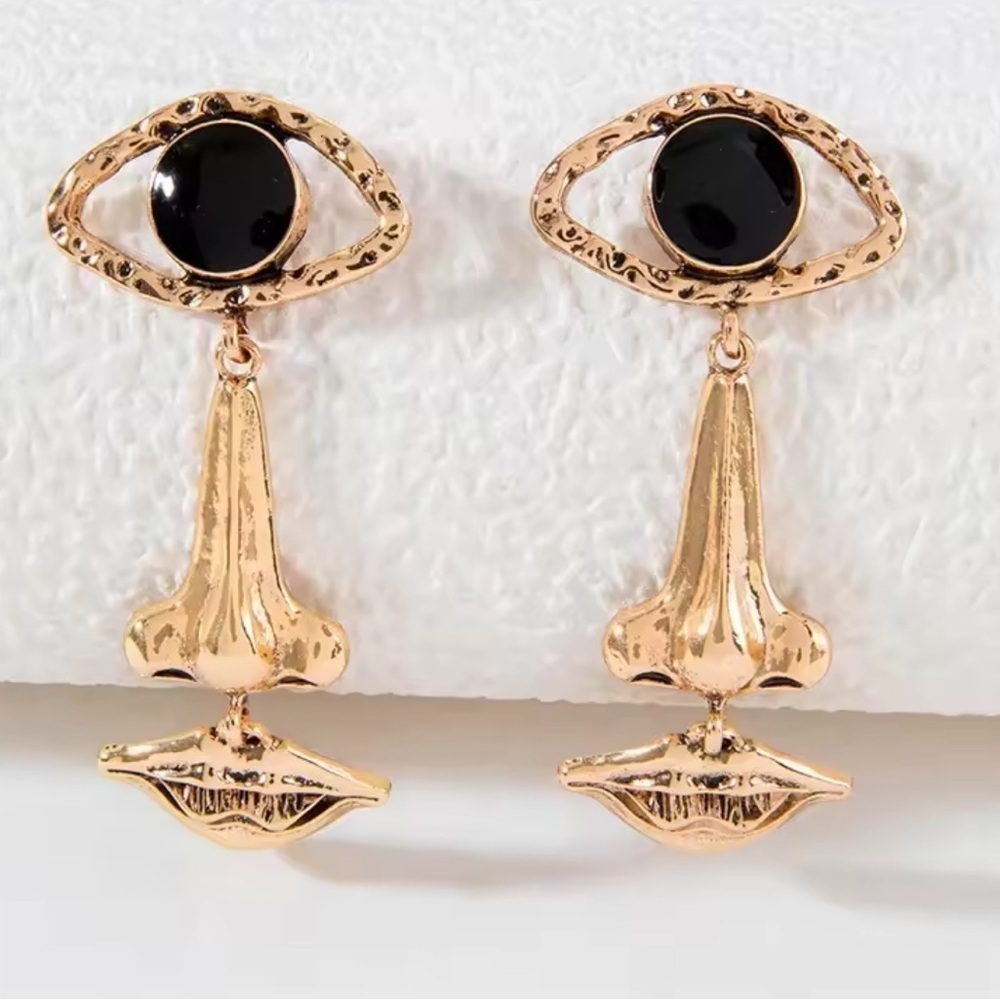 New listing! Face Statement Earrings Abstract Eye Nose Lips Design Gold Earring